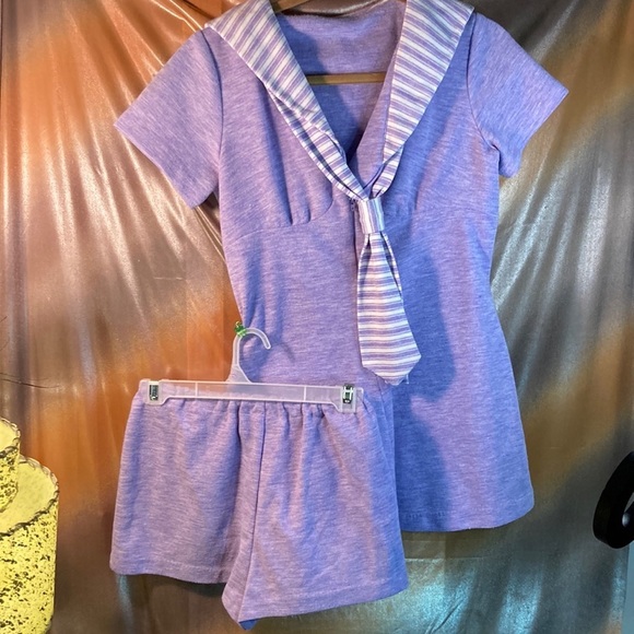 Vintage 70’s 2 piece white & lavender sailor short set 30” waist 36” chest‎ 204